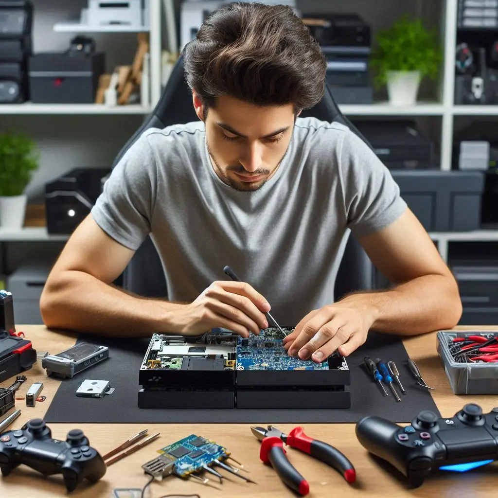 repairing a gaming console motherboard with tools on a workbench