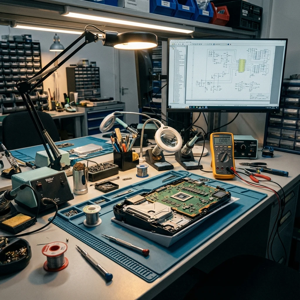 Electronics repair workstation with tools