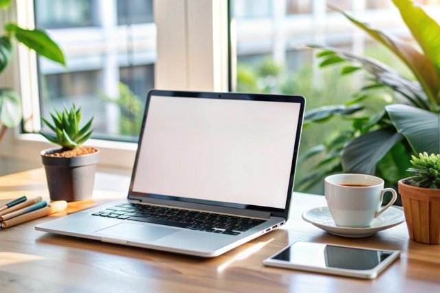 Laptop, tablet and coffee on a wooden desk near a window.